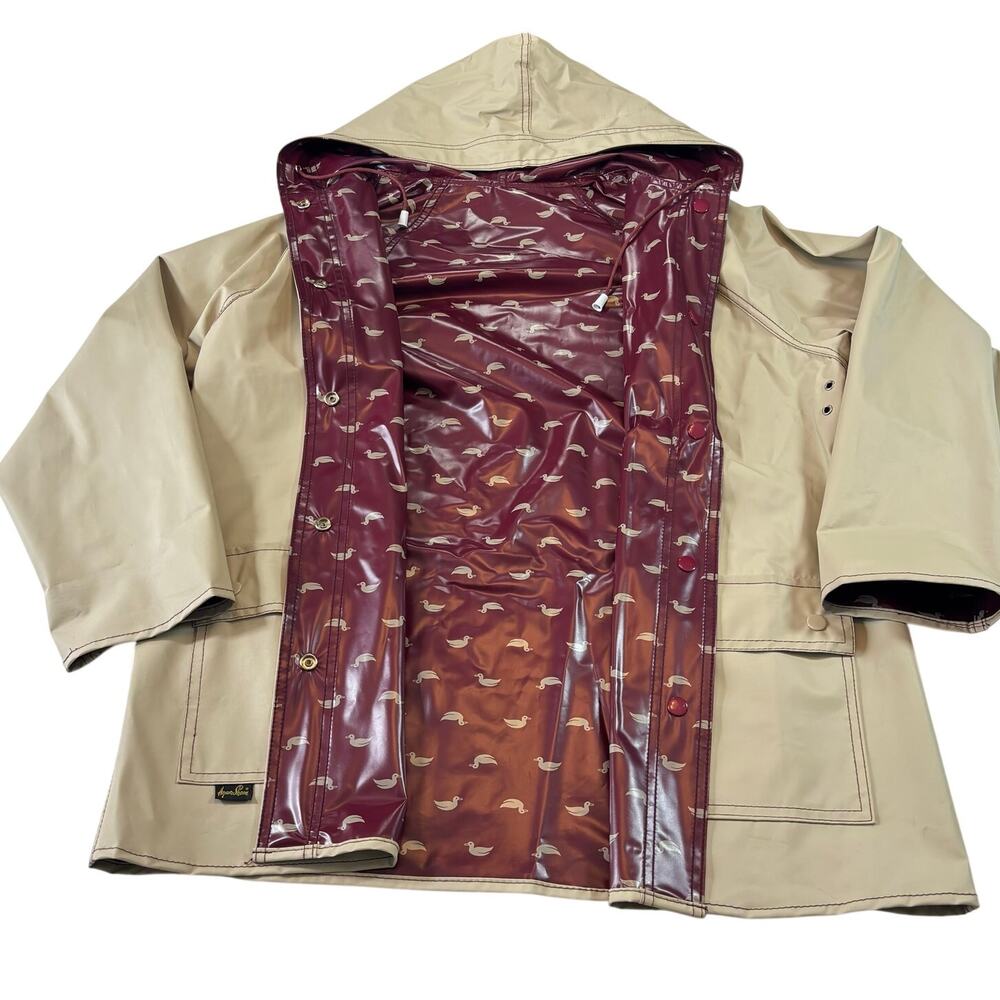 Vintage 80s Duck Print Reversible Cream/Burgundy Aqua Sheen Raincoat Size M
